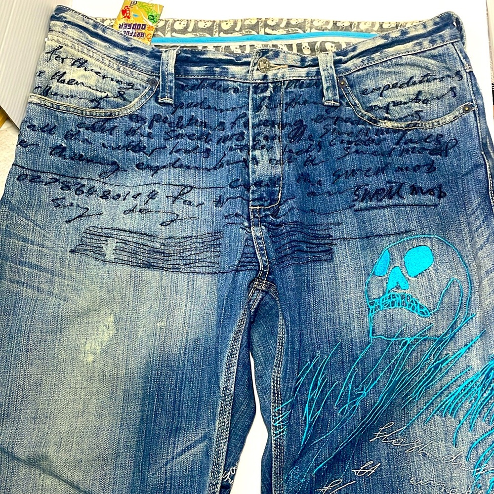 Vintage Artful dodger baggy jeans with embroidery y2k Skull graffiti